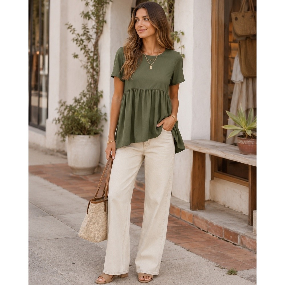 Zenana Women's Large Olive Green Babydoll Tunic High Low Short Sleeve Boho